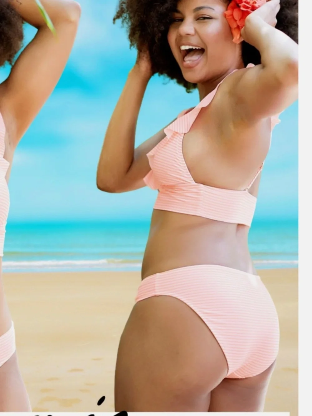 Aerie Ruffle Longline Triangle Bikini Set Women’s Large Neon Peach Stripe
